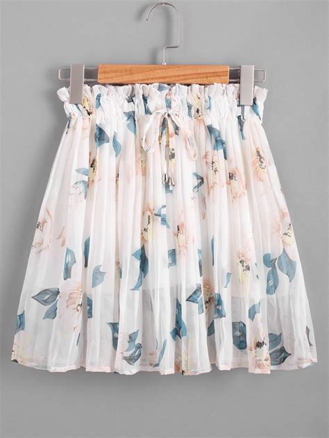 Floral Print Random Drawstring Waist Pleated Skirtfor Women Romwe