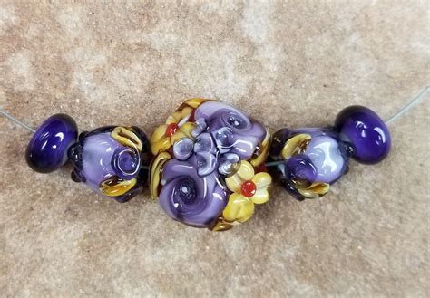 Glass Lampwork Beads Flowers Floral Purple Roses Sra 405 Etsy