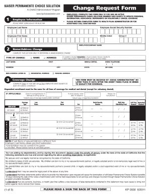 Fillable Online Kaiser Permanente Choice Solutionchange Request Kp