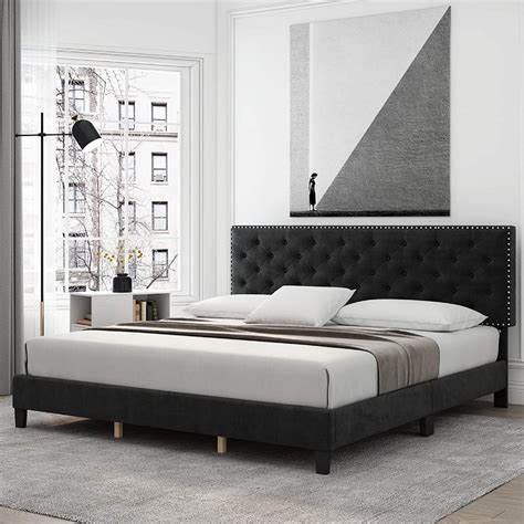 Homfa King Size Bed, Modern Upholstered Platform Bed Frame with ...