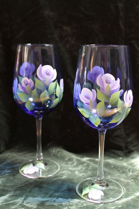 Hand Painted Wine Glasses Lavender And White Roses On Cobalt