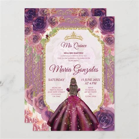 Plum Floral Roses Girl Charra Mis Quince Invitation Zazzle Quince