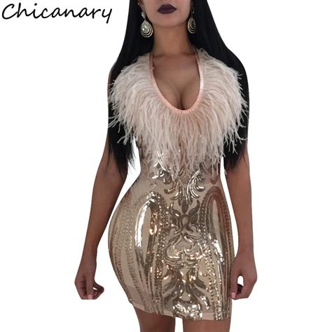 Chicanary Sequins Feathered V Neck Dresses Women Sexy Sleeveless Sheath