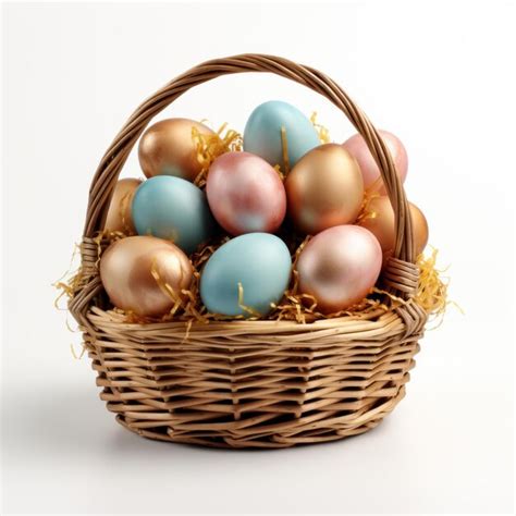 Premium Photo Easter Wicker Basket With Colorful Painted Eggs