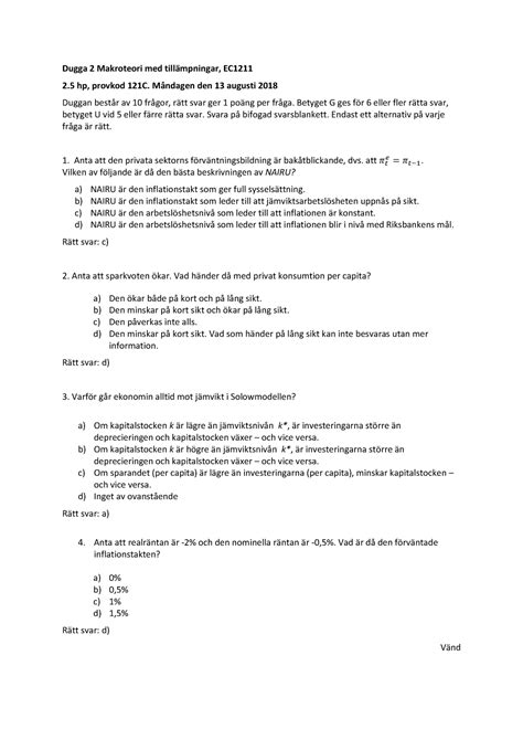 Tenta 13 Augusti 2018 frågor och svar Dugga 2 Makroteori med