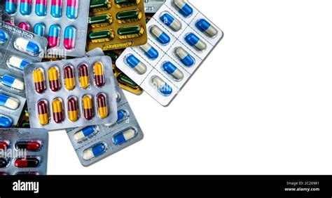 Colorful Of Antibiotic Capsule Pills In Blister Pack Isolated On White