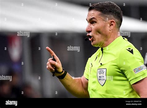 Referee Istvan Kovacs Gestures During The Champions League Football