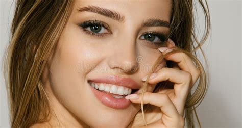 Beautiful Smiling Woman With Naked Shoulder Isolated On White Portrait Of Beautiful Girl Stock