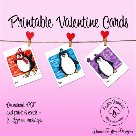 Penguin Valentine Cards Instant Download Kids Valentines Etsy