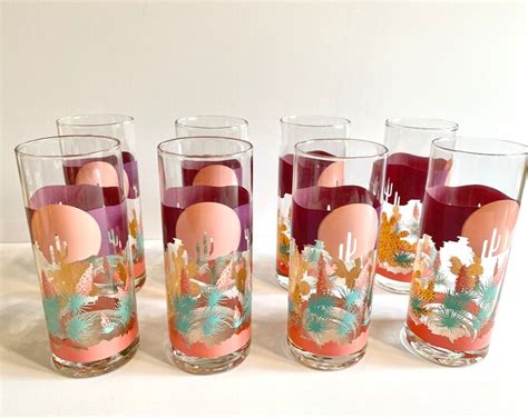 Vintage Rare Panache By Wolly Clark Southwest Desert Cactus Western Theme Glasses Set Of 8 Tall