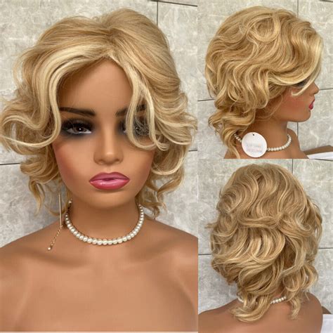 Short Fluffy Wavy Blonde Mix Human Hair Blend Heat Ok Soft Wig Women