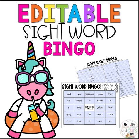 The Editable Sight Word Bingo Game Is Shown With An Image Of A Unicorn