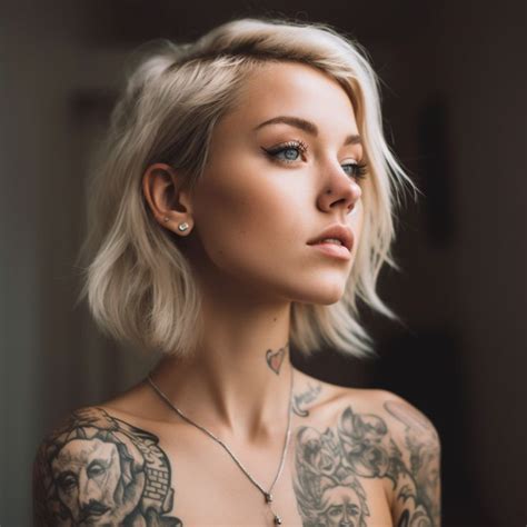 Close Up Photo Beautiful Instagram Blonde Tattooed Model In Her Late