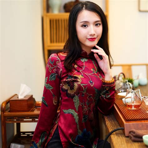 Appealing Floral Print Cheongsam Qipao Chinese Shirt Chinese Shirts