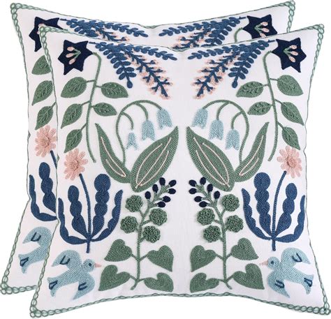 Tosleo Embroidered Decorative Throw Pillow Covers 16x16 Inch Pack Of 2 Green Leaves