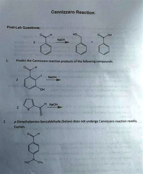 Solved Cannizzaro Reaction Post Lab Questions 1 Predict The Cannizzaro Reaction Products Of