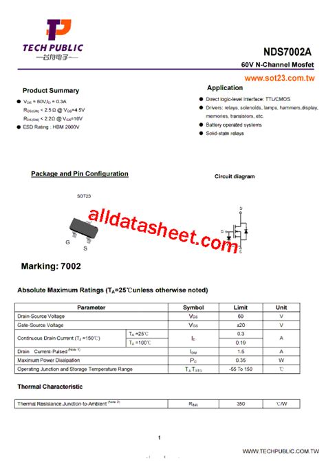 7002 Marking NDS7002A Datasheet PDF TECH PUBLIC Electronics Co LTD