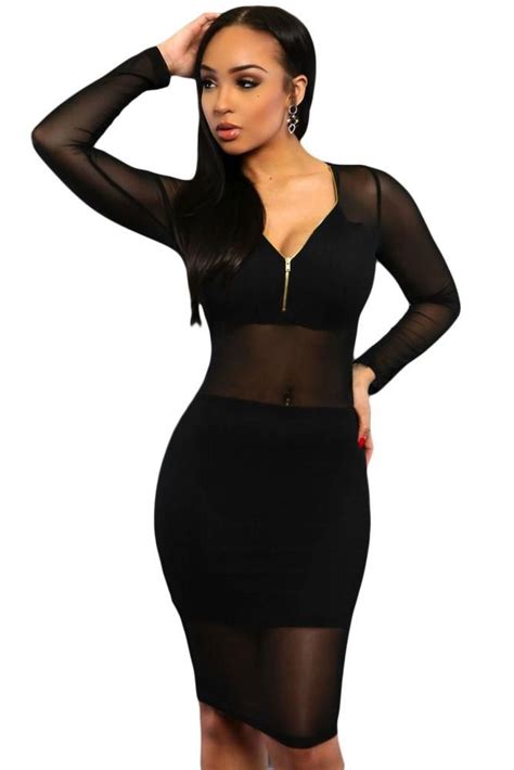 Long Sleeves Mesh Patchwork Black Sheath Knee Length Club Dress Club