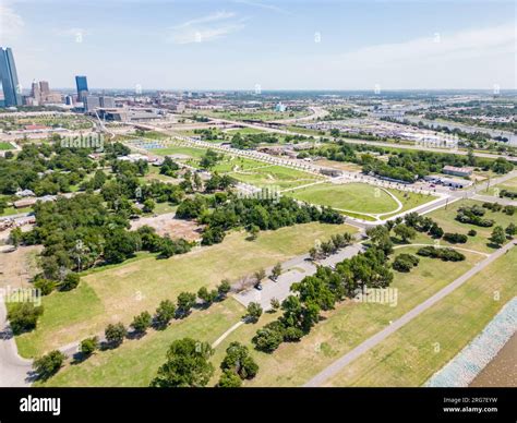 Aerial photo parks landscape Downtown Oklahoma City Summer heat wave ...