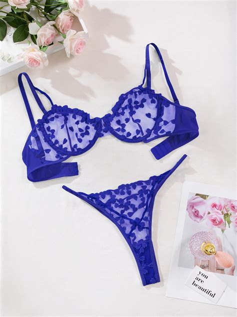 Snapklik Sexy Cute Underwire Push Up Strappy Heart Embroidered Mesh Sheer Lingerie Set For