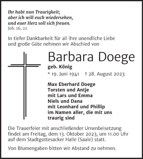 Traueranzeigen Von Barbara Doege Abschied Nehmen De