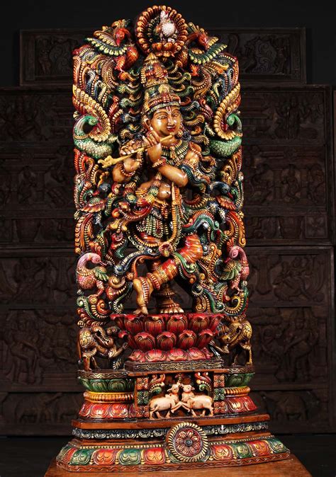 Sold Wood Gopal Krishna With Peacocks Cows W Hindu