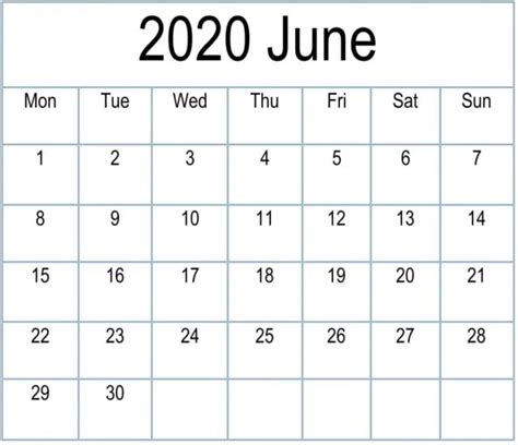 June 2020 Blank Calendar Word Pdf And Excel Template Calendar Word