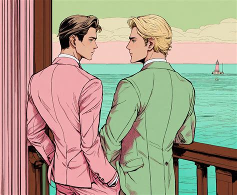 Lexica Back Side Two Blonde Male Detectives In Pale Green And Pink Suit And Tie Tight Waist