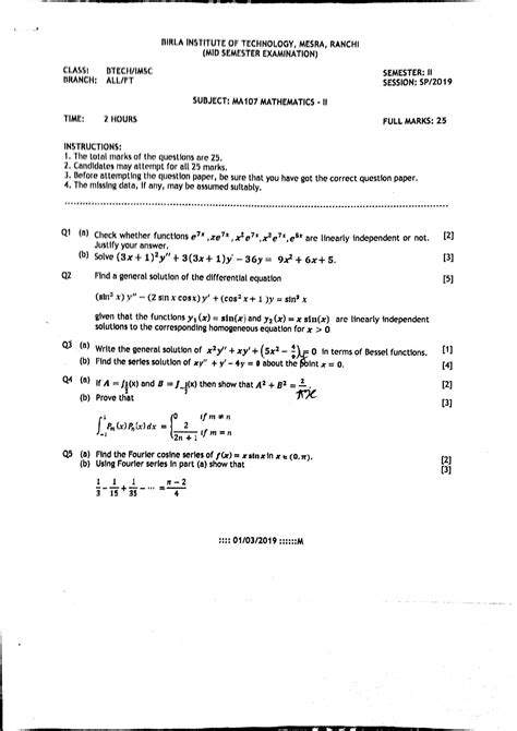 Ma Mathematics Ii Bit Mesra Btech Nd Semester Question Paper