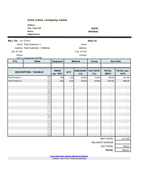 Irish Sales Vat Invoice Template Free Download