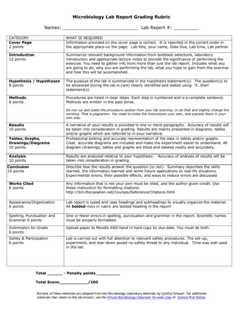 Microbiology Lab Report Grading Rubric