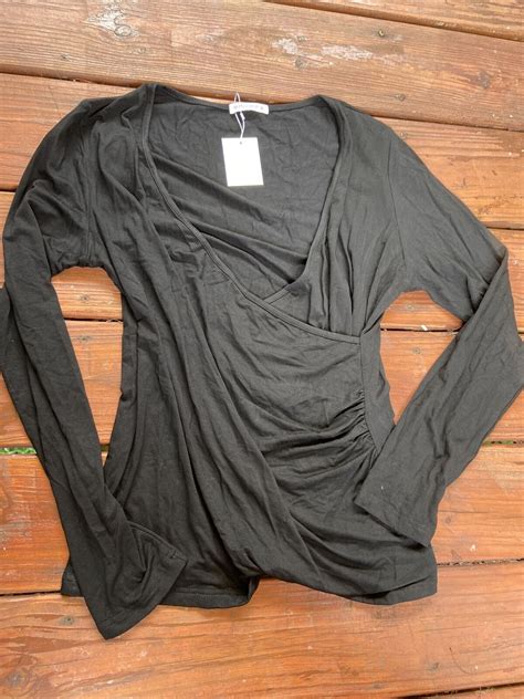 Mangopop Women S Large Long Sleeve Pullover Cross Wrap Plunge Black New