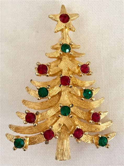 Vintage Mylu Rhinestone Christmas Tree Brooch Red And Green Etsy