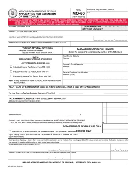 Fillable Form Mo Application For Extension Of Time To File