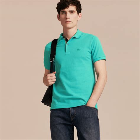 Check Placket Cotton Piqué Polo Shirt In Turquoise Green Men