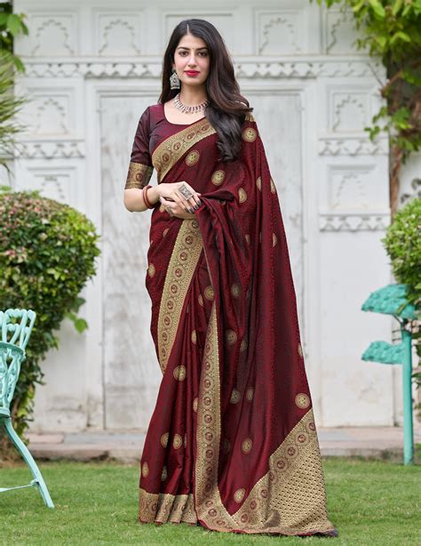 Wine Banarasi Silk Jacquard Woven Saree With Blouse Brithika Luxury