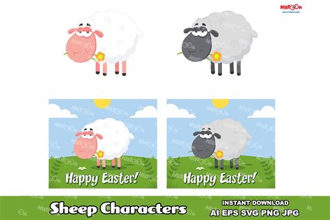 Sheep Cartoon Characters With A Flower Vector Hand Drawn Collection By