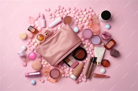 Premium Photo Cosmetic Products Flowing From Makeup Bag On Pastel Pink Background Flat Lay Top