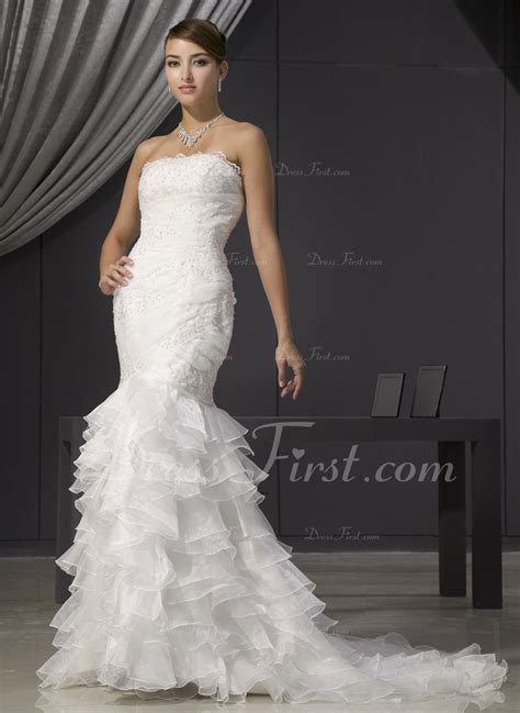 Trumpet Mermaid Strapless Court Train Organza Wedding Dress With Lace