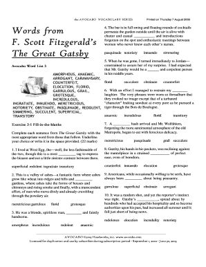 Fillable Online Words From F Scott Fitzgerald S The Great Gatsby