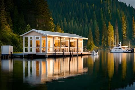 Premium Photo | A cabin on a lake with a lake in the background