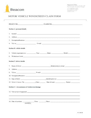 Fillable Online Beacon Co MOTOR VEHICLE WINDSCREEN CLAIM FORM Fax Email