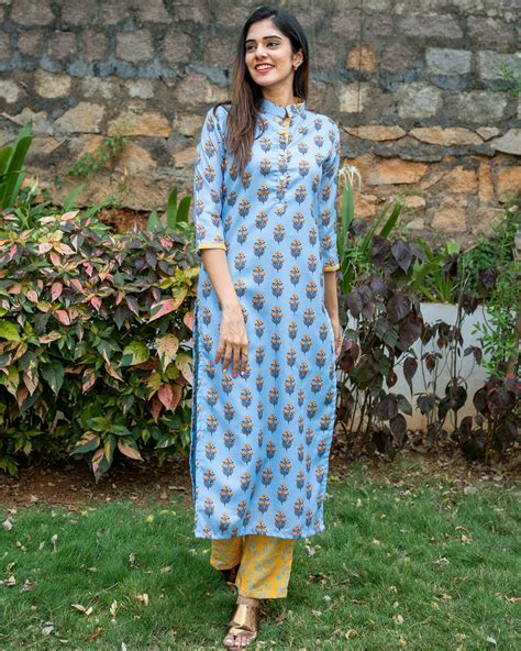 Blue Floral Printed Kurta Set Set Of Two By Desi Doree The Secret Label