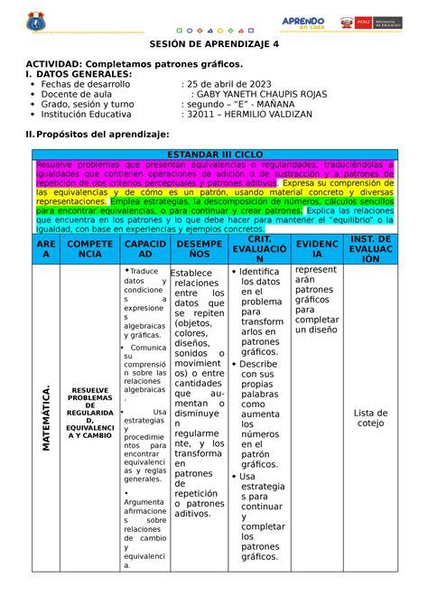 Sesion DE Aprendizaje Matemática Patrones graficos SESIÓN DE