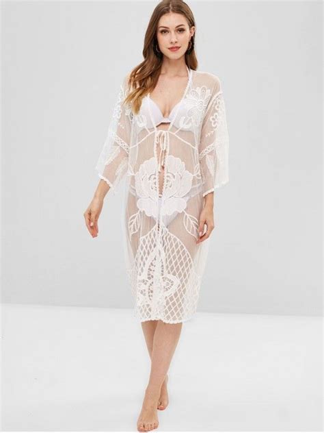 28 Off 2021 Floral Lace Sheer Kimono Beach Cover Up In White Zaful