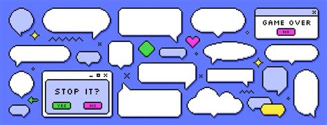 Set Of Pixel Dialogue Boxes Different Shapes On Blue Background Chat
