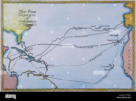 COLUMBUS: MAP, 15th CENTURY. /nMap of the four voyages made by ...