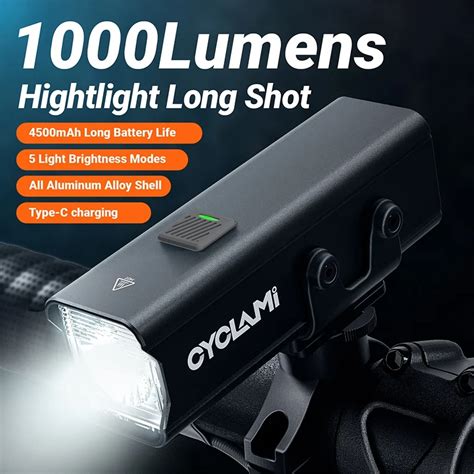 CYCLAMI 1000LM Bike Light Front Lamp Type C Rechargeable LED 21700