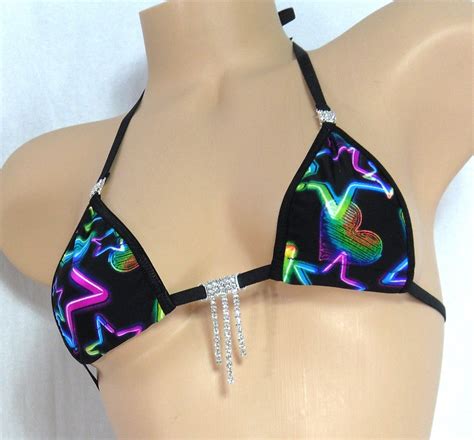 Micro G String Bikini W Rhinestones Neon Stars And Hearts Trimmed In Black S M Etsy