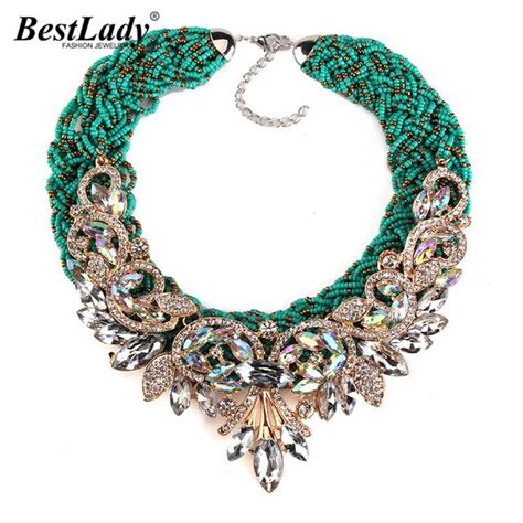 Best Lady Exaggerated Vintage Bohemia Bib Beads Green Rope Luxury Crystal Flower Maxi Rhinestone